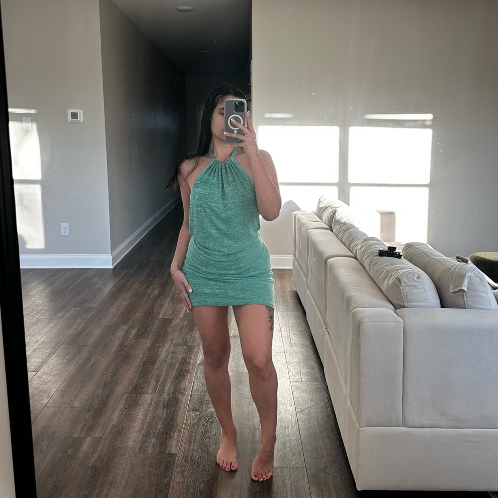 Green mini dress, open back!